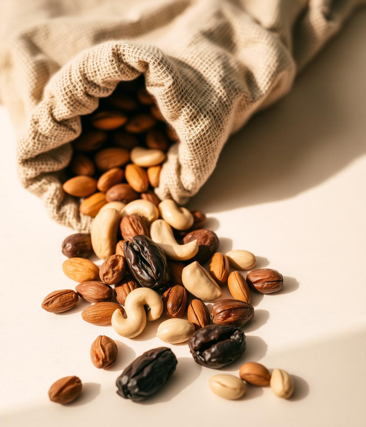 Assorted premium dry fruits spilling from a linen sack